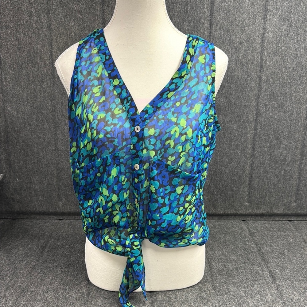 Bebe Blue and Green Sleeveless Tie-Front Tank Top